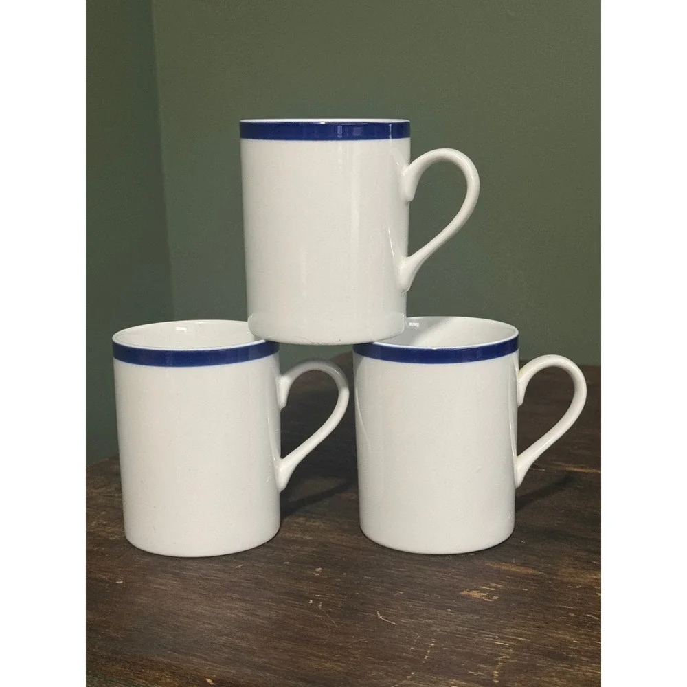 Three Williams- Sonoma Brasserie Coffee Mugs Japan 12 oz. White Blue Rim
